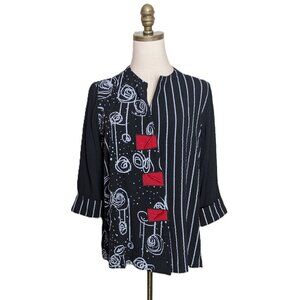 Ali Miles Art to Wear Tunic Top Size PM Black Geometric 3/4 Sleeve Split Neck